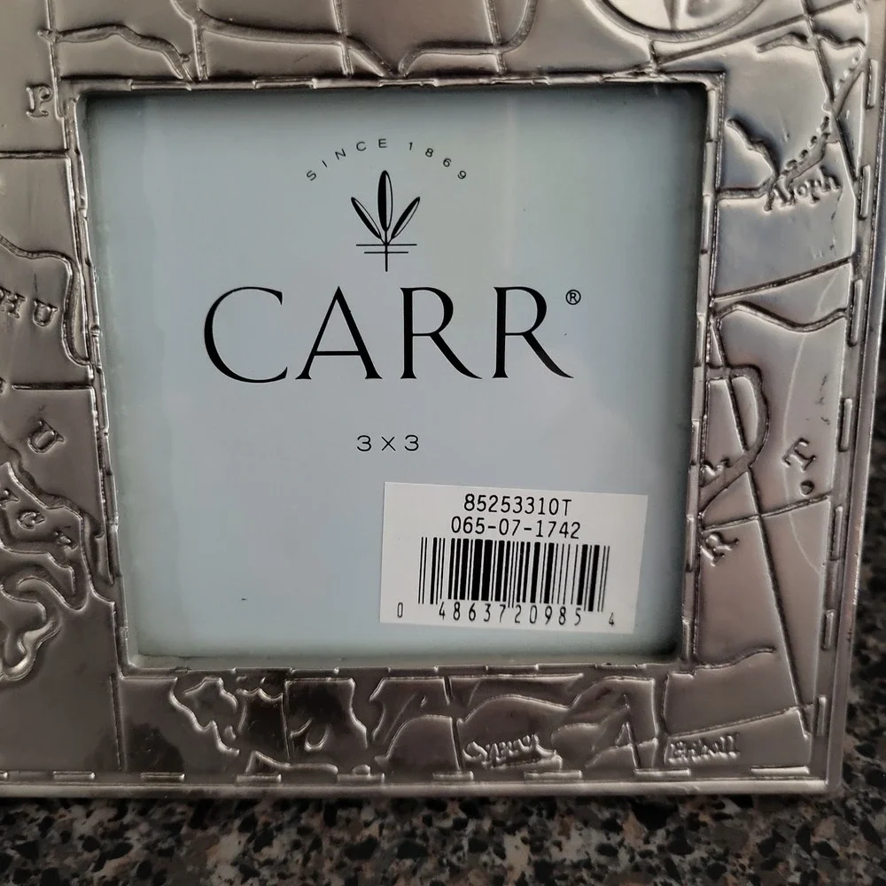 Vintage 1998 Carr Silver Tone World Map Compass 3x3 Photo Picture Frame Travel